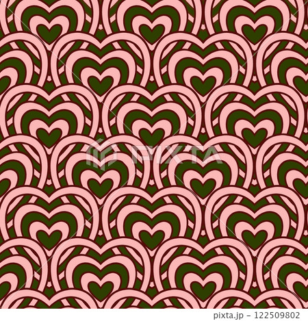 Seamless pattern with pink wavy lines in the shape of a heart on a green background. 122509802