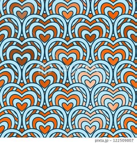 Seamless pattern with blue wavy lines in the shape of a heart on a red background. 122509807