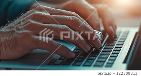 Businessman typing on laptop keyboard in office, online marketplace e commerce internet shopping concept 122509813
