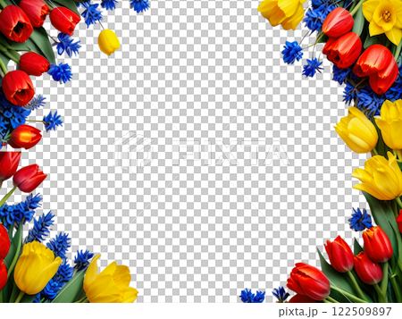 Bouquet of spring red tulips and yellow daffodils and blue flowers in a wicker basket. Shopping cart isolated on white background 122509897
