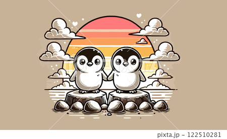 Vector illustration of two adorable small penguins standing on rocks against a sunset background, surrounded by clouds, with a playful and cheerful design for prints, cards and children's projects 122510281