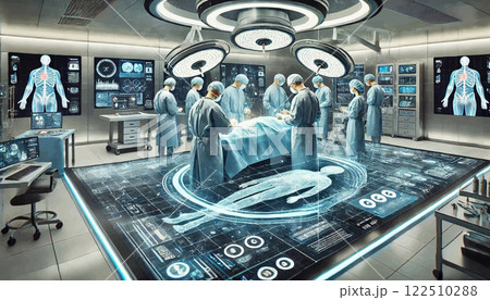 Futuristic operating room featuring doctors and advanced medical devices with holographic screens, designed for modern vector illustrations in technology and healthcare concepts 122510288