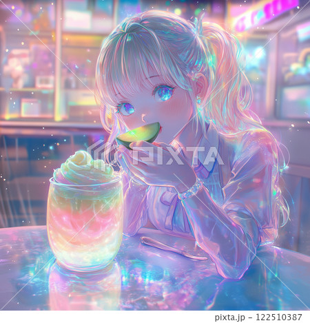 メロンソーダを楽しむ綺麗な女の子 122510387