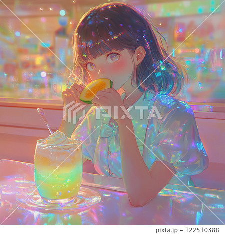 カフェでメロンソーダを楽しむ学生 122510388