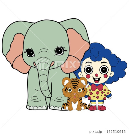 Tiger elephant and cute clown in the circus arena close-up hand-drawn Tiger elephant and cute clown in the circus arena close-up hand-drawn 122510613