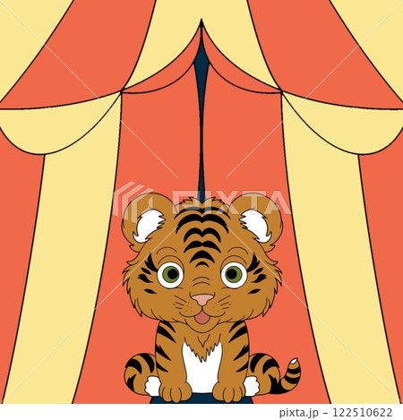 A cute tiger on the background of a circus tent is a vivid illustration close-up A cute tiger on the background of a circus tent is a vivid illustration close-up 122510622