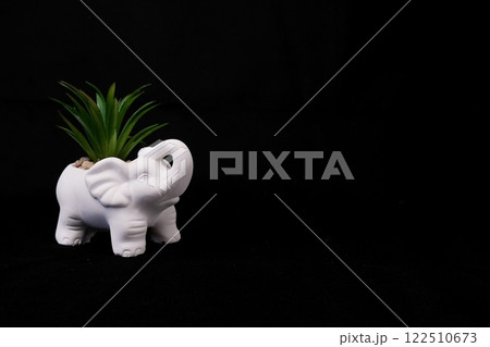 White ceramic elephant with green grass on black solid background 122510673