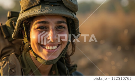 A woman in a military uniform smiles at the camera A woman in a military uniform smiles at the camera 122510763