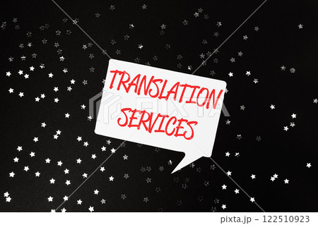 White sign with red letters that say Translation Services 122510923