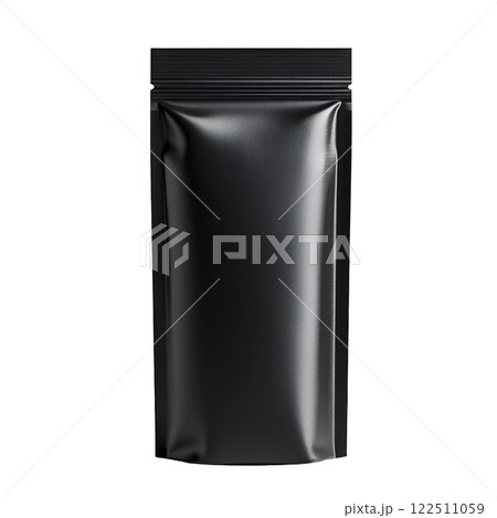 Isolated matte black stand up pouch mockup for packaging, with a zipper top, presented on a white surface. 122511059