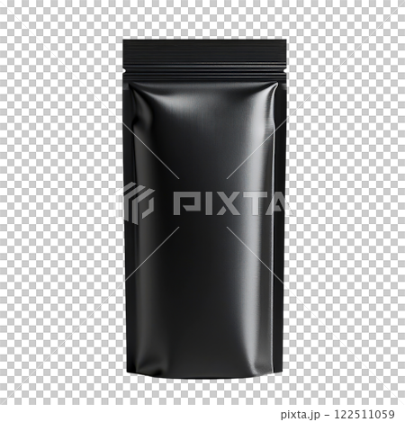 Isolated matte black stand up pouch mockup for packaging, with a zipper top, presented on a white surface. 122511059