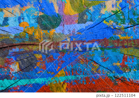 Wooden surface with colorful abstract designs. 122511104