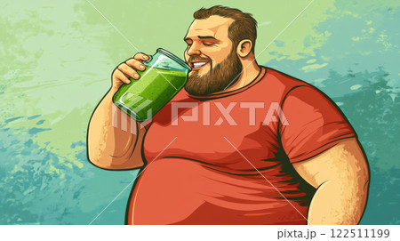 Happy Overweight Man Enjoying a Green Smoothie 122511199