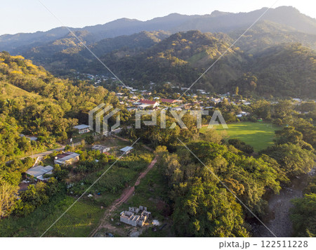 Beautiful Tropical Valley with river and rainforest in Mexico, Oaxaca state. Aerial drone photo 122511228