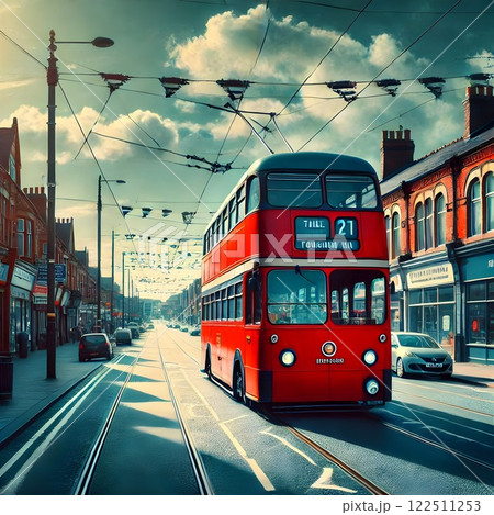 イギリスの街並みを走るトローリーバス 122511253