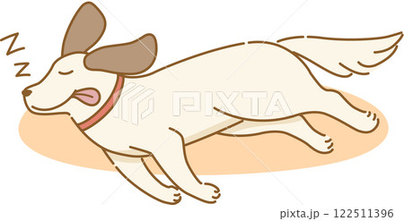 床で舌を垂らしていびきをかいて幸せそうに寝ている耳の垂れた犬のイラスト 122511396