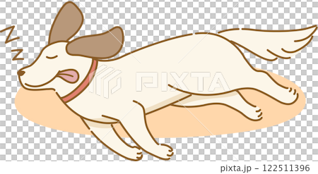 床で舌を垂らしていびきをかいて幸せそうに寝ている耳の垂れた犬のイラスト 122511396