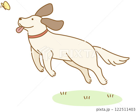 蝶々を追いかけてジャンプする耳の垂れた犬 122511403
