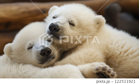 Polar bear cubs resting together in cozy embrace 122511921