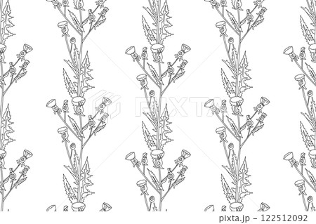 Line art botanical abstract seamless plant pattern with wildflowers vector illustration. Black and white outline repeating floral background. Graphic design for Wallpaper Textile Print Cover Card Book 122512092