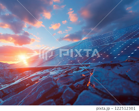 Climate change concept with drought and solar panels symbolizing fight against climate change 122512301
