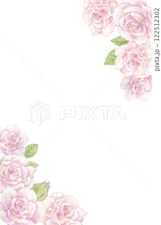 淡いピンクのバラの花の色鉛筆画イラスト　ポストカードテンプレート 122512302