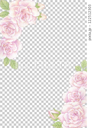 淡いピンクのバラの花の色鉛筆画イラスト　ポストカードテンプレート 122512303