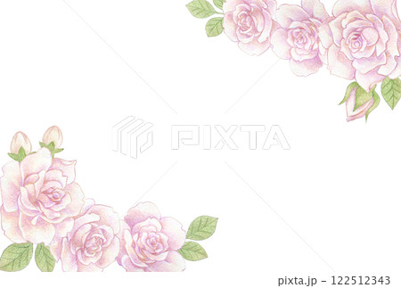 淡いピンクのバラの花の色鉛筆画イラスト　ポストカードテンプレート 122512343