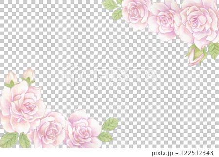 淡いピンクのバラの花の色鉛筆画イラスト　ポストカードテンプレート 122512343
