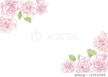 淡いピンクのバラの花の色鉛筆画イラスト　ポストカードテンプレート 122512344