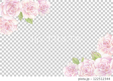 淡いピンクのバラの花の色鉛筆画イラスト　ポストカードテンプレート 122512344