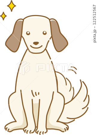 目をキラキラ輝かせて尻尾をふって期待している耳が垂れた犬のイラスト 122512567
