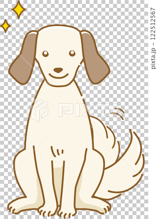 目をキラキラ輝かせて尻尾をふって期待している耳が垂れた犬のイラスト 122512567
