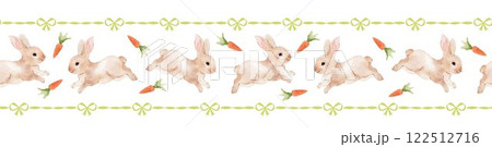 A delightful Easter-themed pattern featuring whimsical bunnies, vibrant carrots, and playful wavy stripes. The charming green checkered background is adorned with whimsical ribbon bows. 122512716