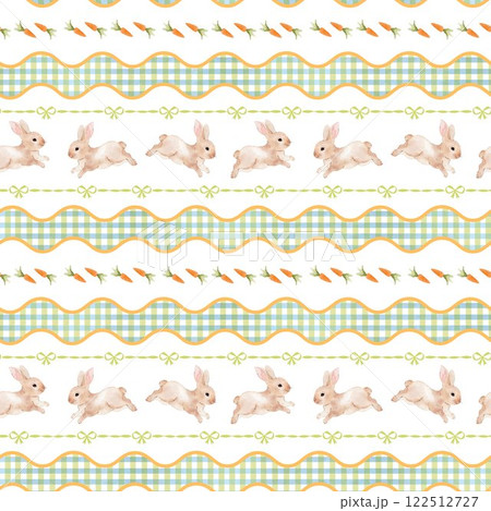 A delightful Easter-themed pattern featuring whimsical bunnies, vibrant carrots, and playful wavy stripes. The charming green checkered background is adorned with whimsical ribbon bows. A delightful Easter-themed pattern featuring whimsical bunnies, vibrant carrots, and playful wavy stripes. The charming green checkered background is adorned with whimsical ribbon bows. 122512727
