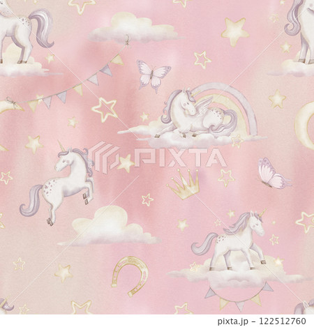 Watercolor seamless Pattern with Unicorns, clouds, stars and garlands on pastel pink background. Illustration for Baby girl textile or childish wallpaper. Tile for ornament and princess wall art. Watercolor seamless Pattern with Unicorns, clouds, stars and garlands on pastel pink background. Illustration for Baby girl textile or childish wallpaper. Tile for ornament and princess wall art. 122512760
