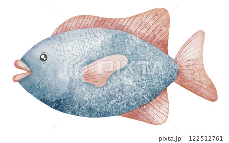 Watercolor illustration of Tropical Fish in blue and red pastel colors. Drawing of sea underwater animal for childish greeting cards or nursery wall art. Art for baby shower invitations. 122512761