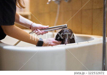 Dog bathing session in a modern bathroom with owner gently cleaning pet 122512872