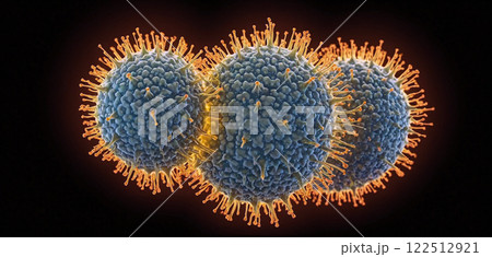 Depiction of virus particles in reproduction, submicroscopic infectious agent infecting cells of all lifeforms 122512921