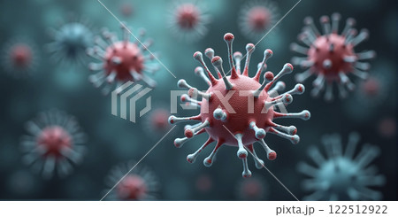Colorful depiction of a virus, submicroscopic infectious agent replicating inside living cells 122512922