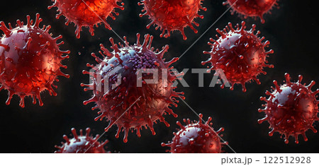 Depiction of virus particles in reproduction, submicroscopic infectious agent infecting cells of all lifeforms 122512928