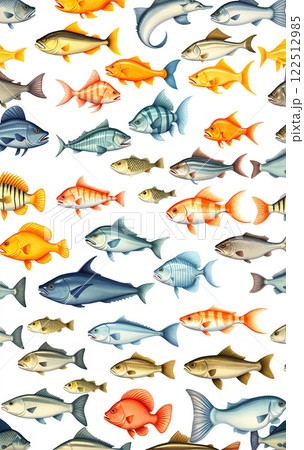Illustrative and colorful depiction of fishes of different kind in color and shape in a drawn appearing style Illustrative and colorful depiction of fishes of different kind in color and shape in a drawn appearing style 122512985