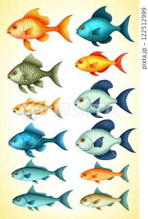 Illustrative and colorful depiction of fishes of different kind in color and shape in a drawn appearing style Illustrative and colorful depiction of fishes of different kind in color and shape in a drawn appearing style 122512999