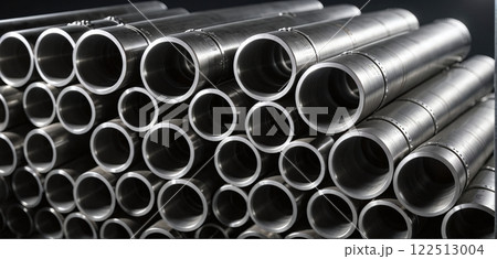 Close-ups of stored industrially manufactured metal steel pipes after production 122513004
