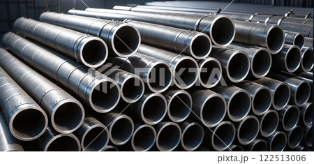 Close-ups of stored industrially manufactured metal steel pipes after production Close-ups of stored industrially manufactured metal steel pipes after production 122513006