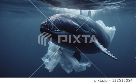 Whale in its natural habitat surrounded by man-made waste and plastic waste, pollution of the oceans and damage and destruction of ecosystems 122513054