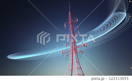 Radio, broadcasting or radio waves propagate as electromagnetic waves around a transmitter mast and are emitted from it 122513055