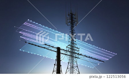 Radio, broadcasting or radio waves propagate as electromagnetic waves around a transmitter mast and are emitted from it 122513056
