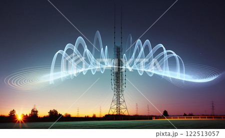 Radio, broadcasting or radio waves propagate as electromagnetic waves around a transmitter mast and are emitted from it 122513057