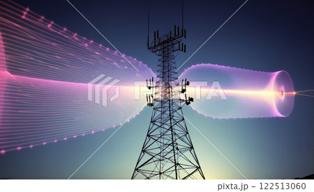 Radio, broadcasting or radio waves propagate as electromagnetic waves around a transmitter mast and are emitted from it 122513060